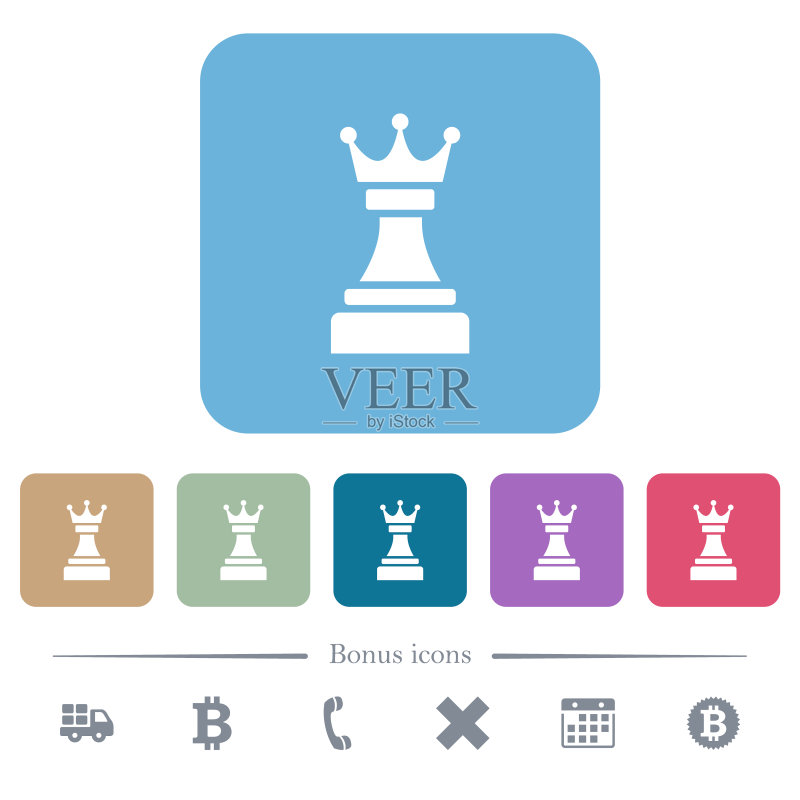 彩色圆角方形背景上的黑色国际象棋皇后扁平图标图标素材