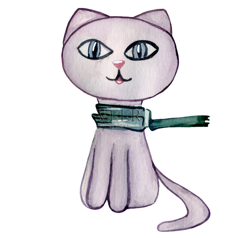 水彩手绘粉红猫。正版插画素材
