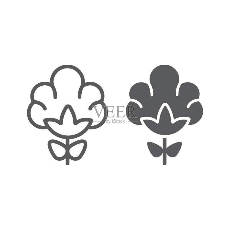棉线和符号图标:天然植物纺织材料标志矢量图形,白色背景上的线性图案图标素材