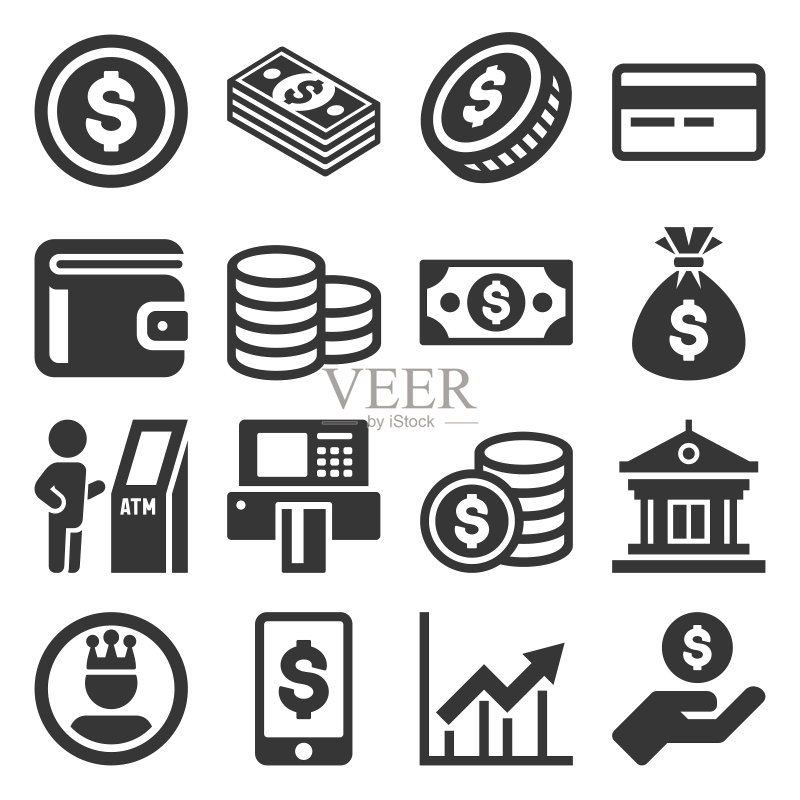 白色背景上的货币图标集矢量图图标素材
