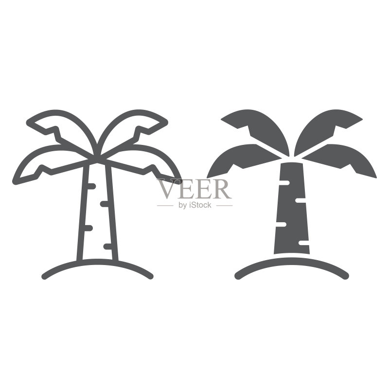 棕榈树线性图标和图示图标,自然植物,热带树木标志,矢量图形,白色背景上的线性图案图标素材