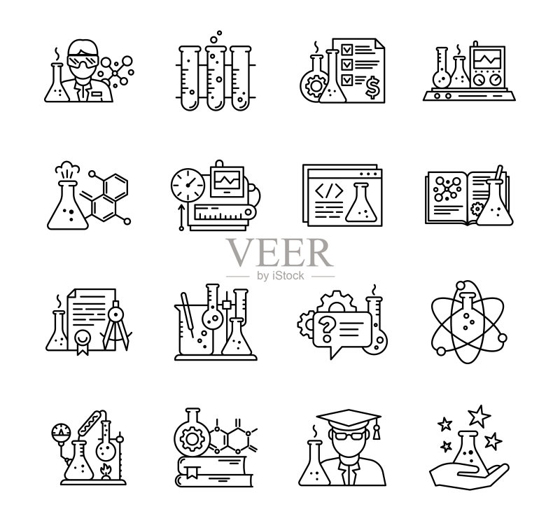 化学科学图标集。教育实验室。生产化工成套设备。实验室研究实验设备。轮廓轮廓黑线。正版插画素材