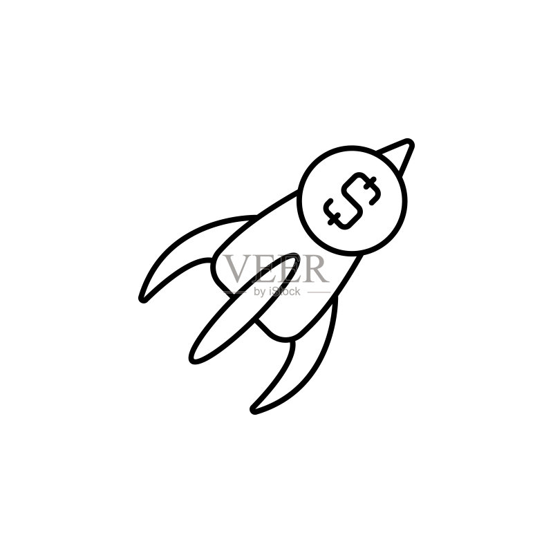 白色背景上的启动火箭金钱线条图标图标素材