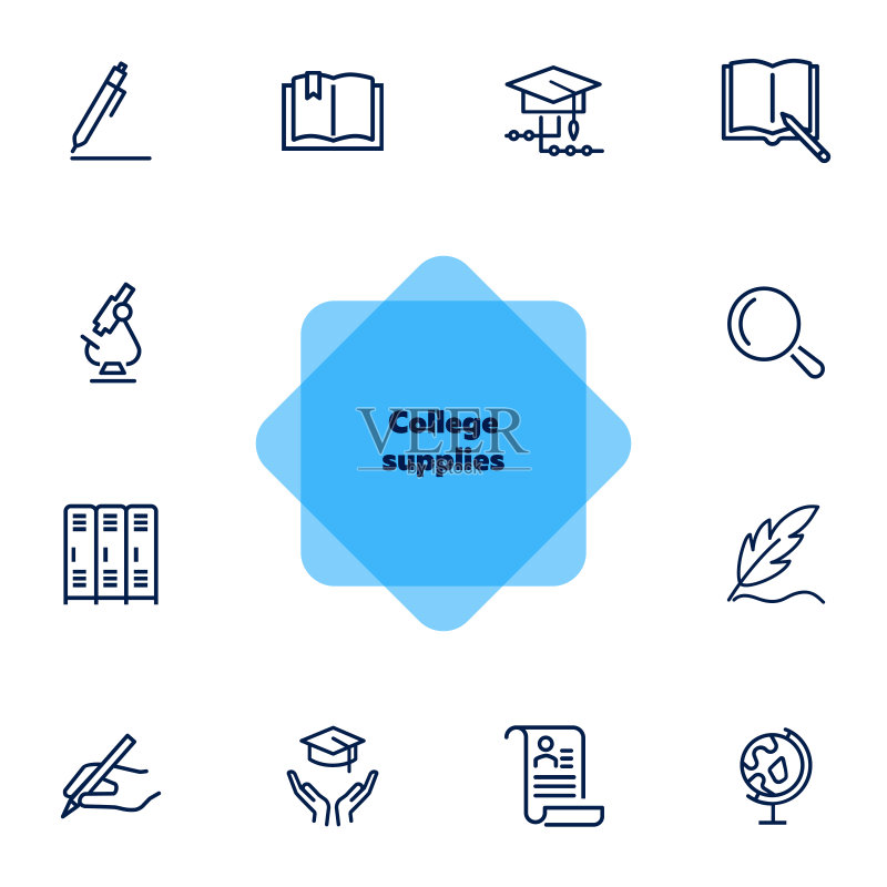 大学用品线性图标集:笔,毕业帽图标素材