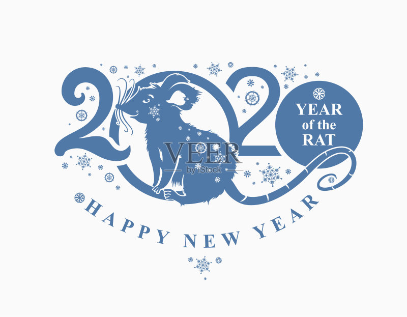 美丽的新年卡片与2020鼠的象征。蓝色的2020年模式。人影和雪花的剪影。矢量元素的新年设计。正版插画素材