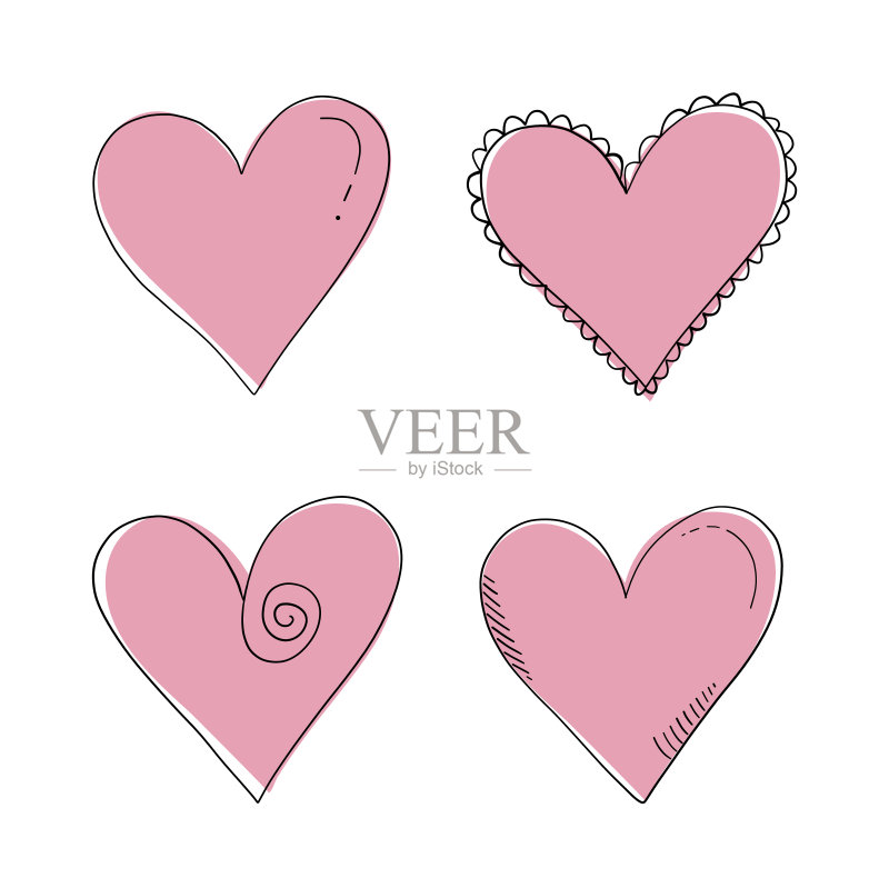 红心在孤立的白色背景上。手绘一套爱的标志。抽象的心形设计。艺术创作。彩色插图。海报或传单的元素。向量正版插画素材