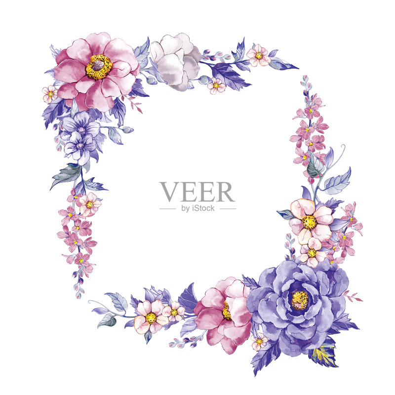 方形框架的粉红色的花,蝴蝶,紫色的花,叶子正版插画素材