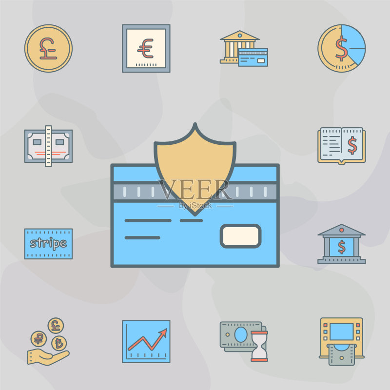 信用卡保护深色线条图标:银行通用设计,适用于网站和App开发图标素材