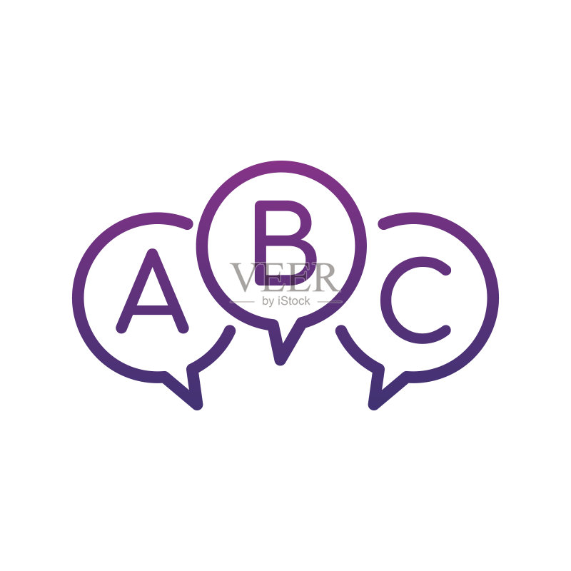 带有ABC字母的三个线性聊天气泡消息,问卷调查、常见问题或测试概念图标,白色背景上的矢量素材图标素材