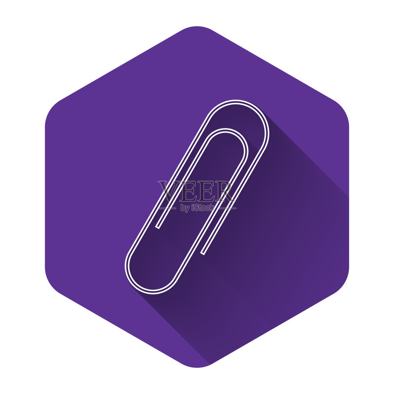 白色回形针图标,紫色六边形按钮长阴影矢量图图标素材