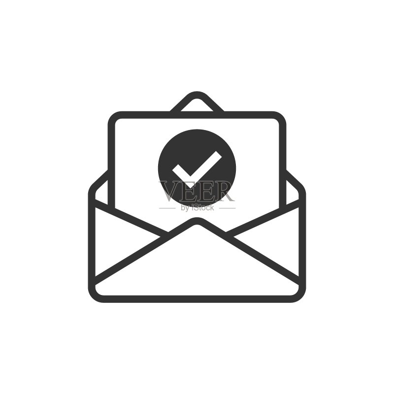 扁平风格的已确认文档信封图标:在白色孤立背景上验证矢量图,接收业务概念图标素材