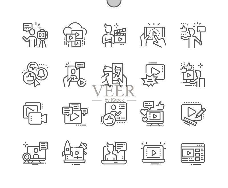 用于Web图形和应用程序的视频博客像素完美矢量细线图标图标素材