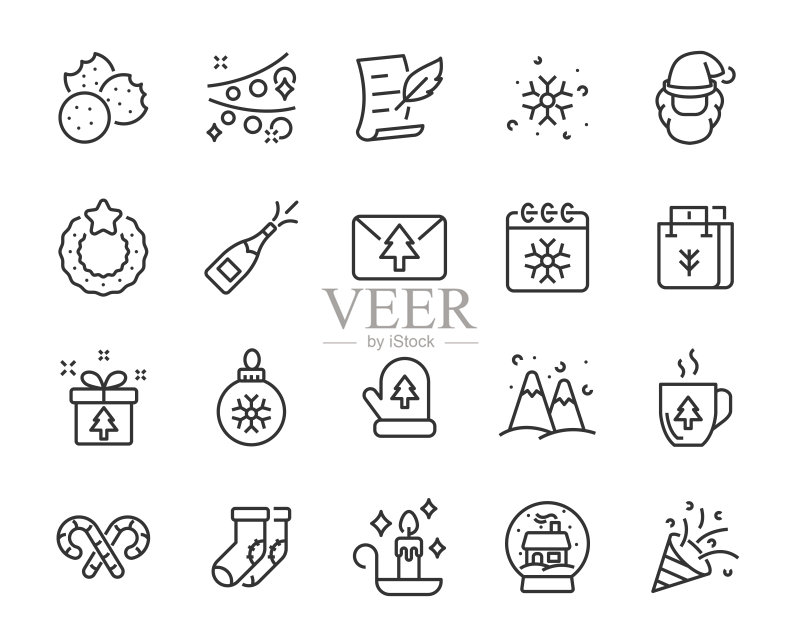 圣诞节图标:冬季、雪人、圣诞树、圣诞派对、12月25日图标素材
