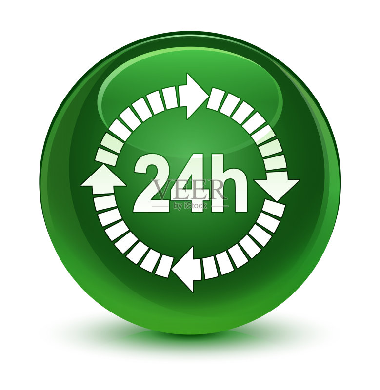 24小时送达图标,绿色玻璃质感圆形按钮图标素材