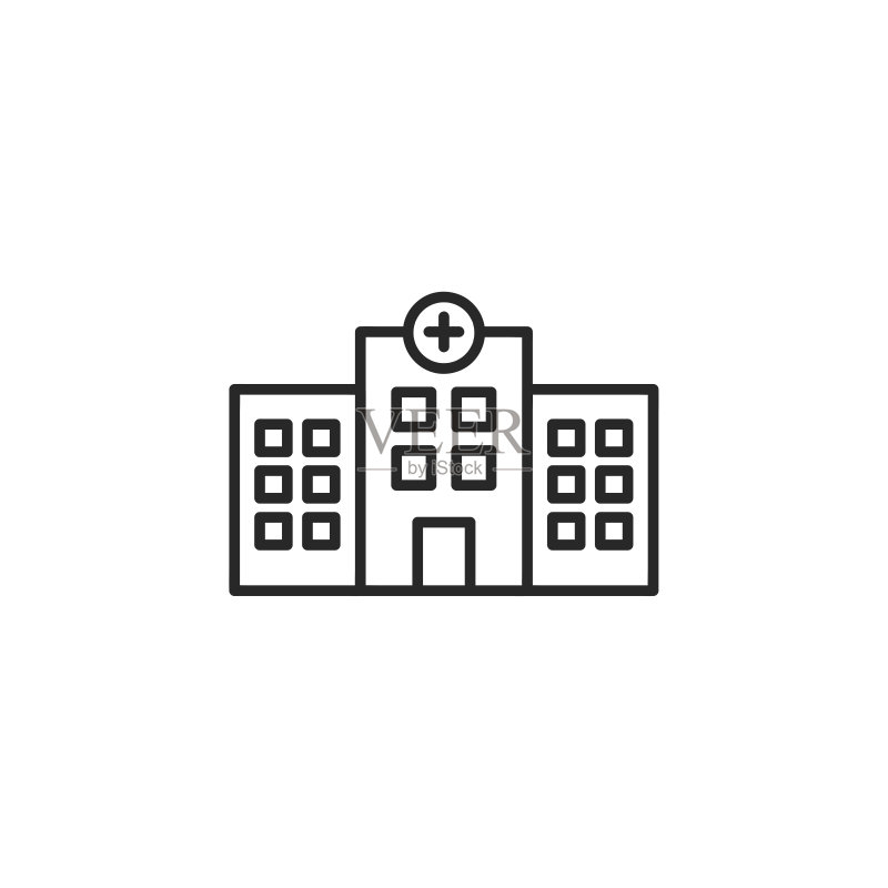 可编辑描边的医院建筑线性图标。简单的轮廓设计——医疗保健、医疗符号。隔离在白色背景上。矢量图示。图标素材
