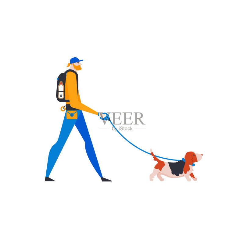 卡通风格的巴吉度猎犬和遛狗人,一人一狗图标素材
