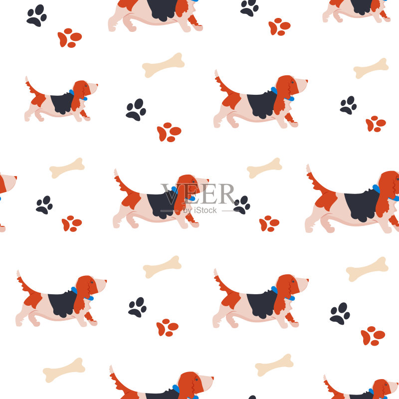 巴吉度猎犬卡通风格无缝图案:可爱的家犬背景图标素材