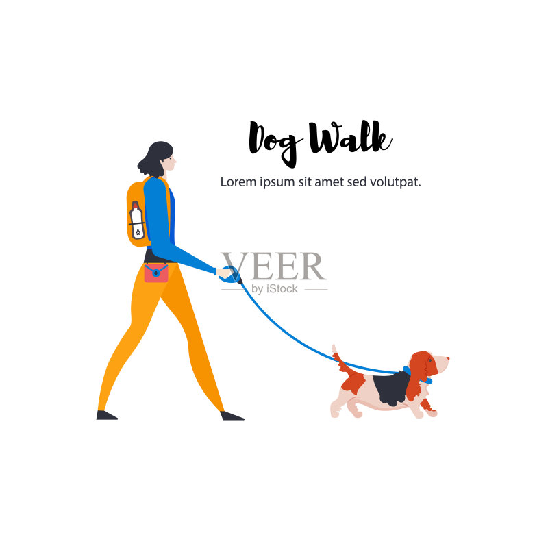 卡通风格的巴吉度猎犬和遛狗人图标:可爱的女孩和宠物图标素材