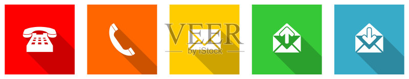 彩色扁平风格网页矢量图标合集:手机和电子邮件按钮图标素材