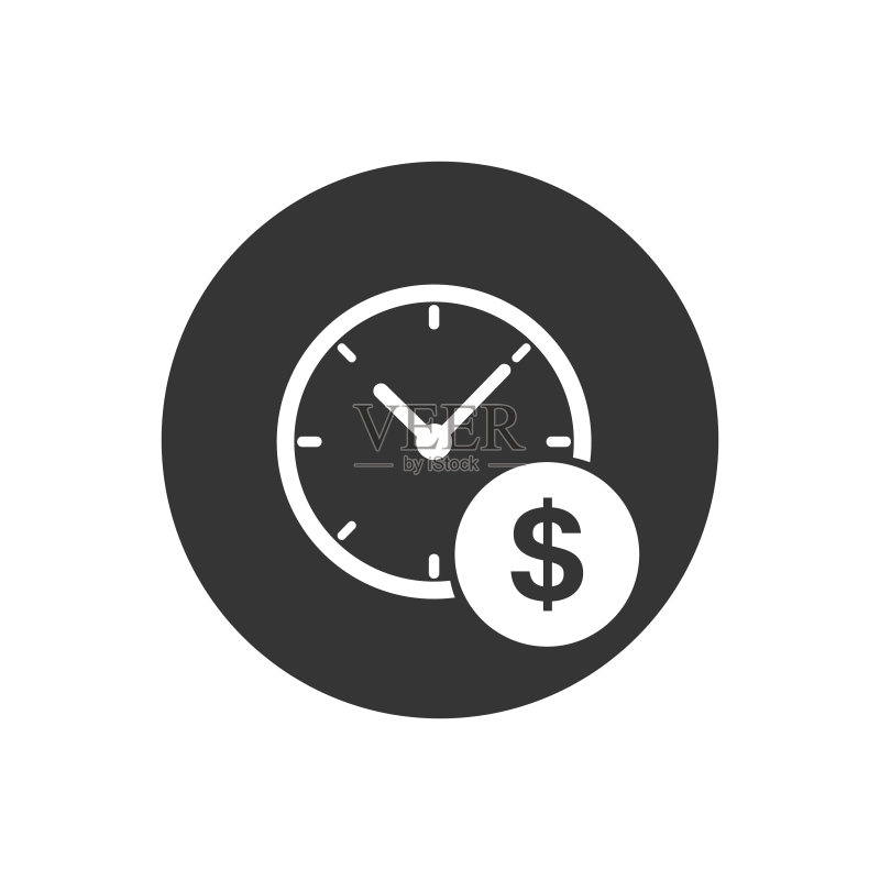 扁平风格的商业金融管理白色图标。时间就是金钱灰色背景矢量素材。金融战略商业概念图标素材
