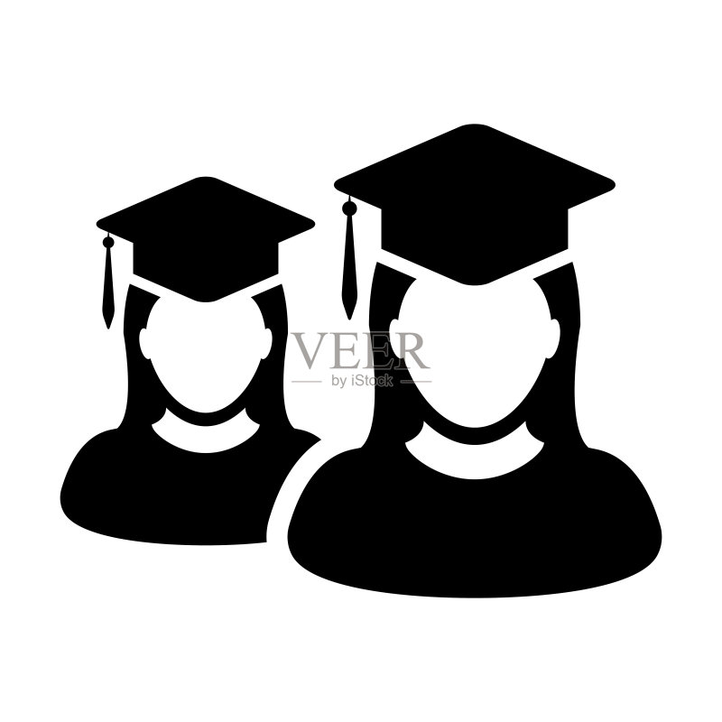 教育图标矢量:女学生群体人物简介头像,带毕业帽符号,适用于学校、学院和大学毕业学位,扁平彩色字形图图标素材