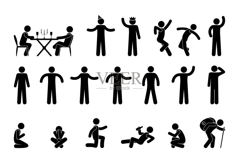 站立、坐着、躺着的男人和人物简笔画图标素材