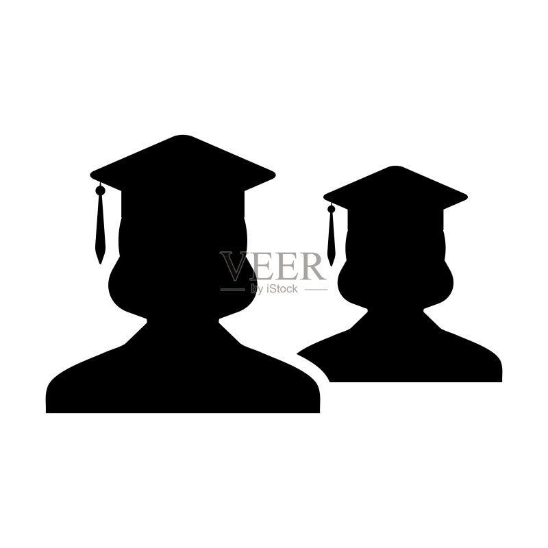 大学标志向量:戴着学士帽的女学生群体的个人资料头像,象征学校和大学的扁平风格标志图标素材