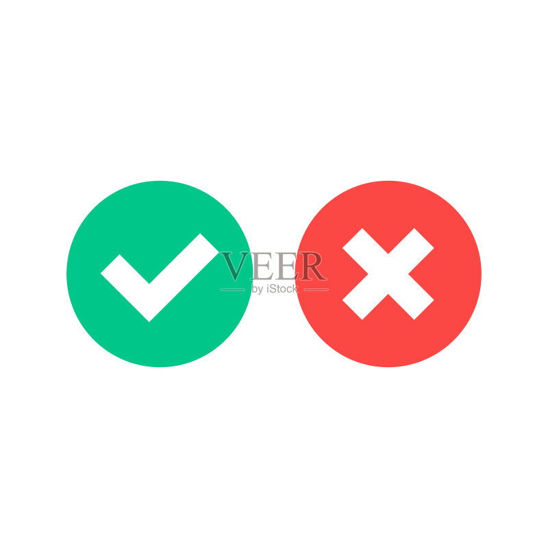 矢量复选标记图标:绿色勾号和红色叉号圆形勾号图标,叉号,X标记矢量扁平图标集,隔离在白色背景上图标素材