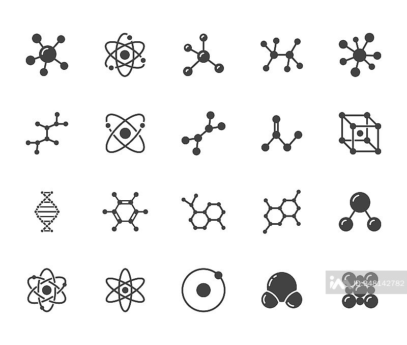 分子扁平字形图标集:化学科学、分子结构、化学实验室DNA细胞蛋白矢量图。科学研究标志。轮廓图象素完美64x64图标素材
