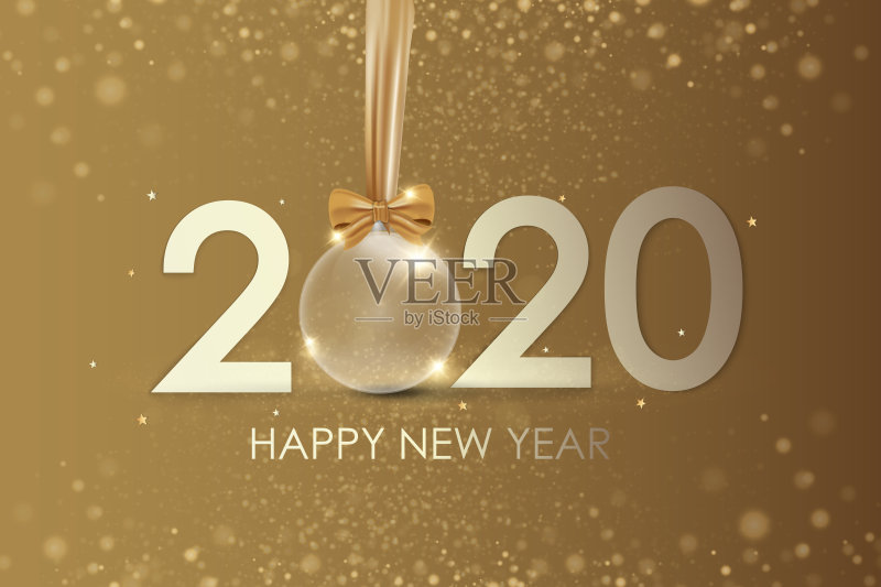 新年快乐2020冬季节日贺卡设计模板。晚会海报、横幅或邀请金闪闪的星星、五彩纸屑闪闪发光的装饰。矢量背景与金色礼物弓正版插画素材