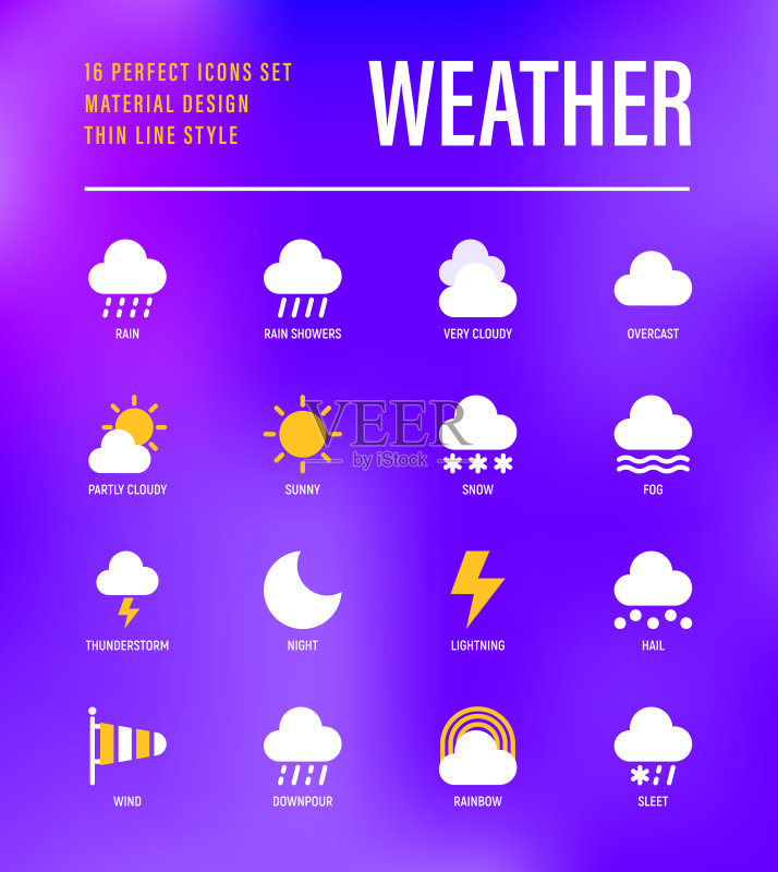 天气扁平图标:雨、阴天、多云、雾、雪、雷暴、冰雹、雨夹雪、彩虹图标素材