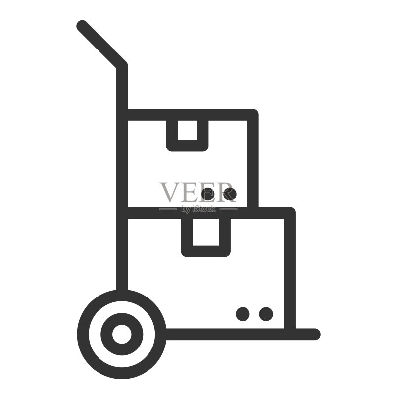 白色背景上手推车和箱子的轮廓矢量图标。用于Web、移动应用和UI设计的交付库存矢量插图。图标素材