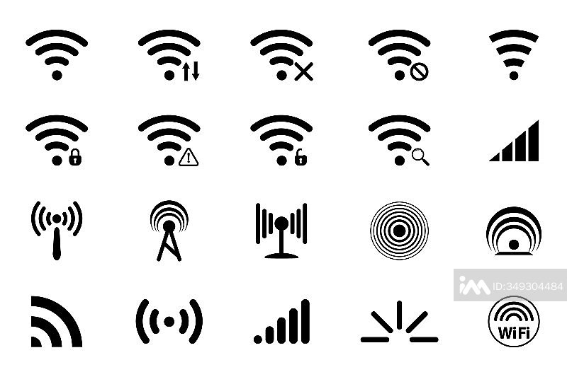 信号图标集:网络信号、无线技术、WIFI信号强度、无线电信号波、雷达、天线和卫星信号图标素材