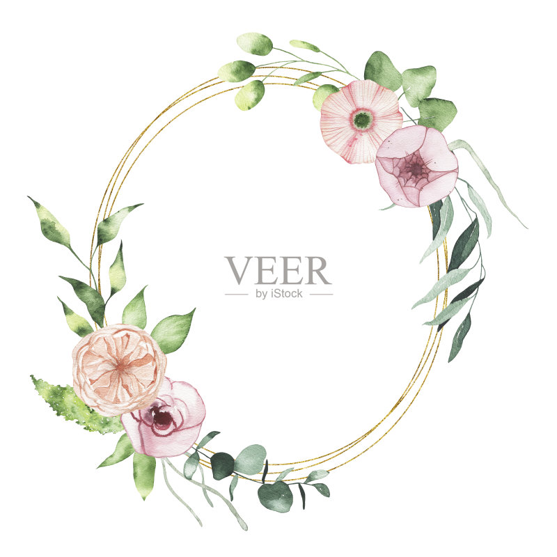 水彩情人节花卉金色椭圆花环素材插画图片素材