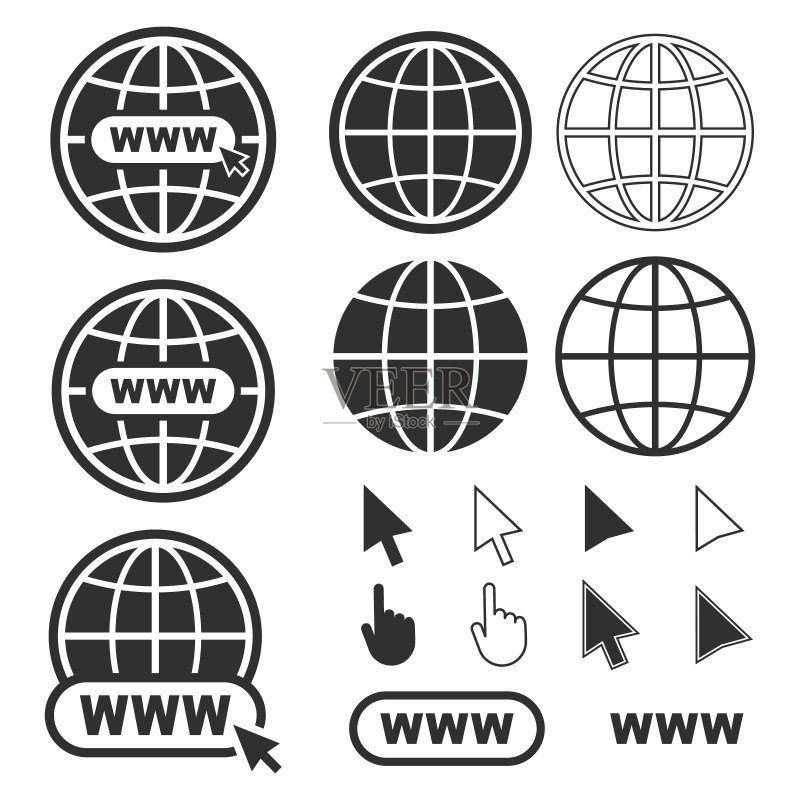 具有光标的互联网图标形状网站,国际地球标志符号集合矢量图,白色背景图标素材