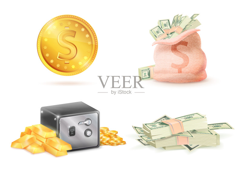 带美元符号的金币和装满钱的安全袋图标素材