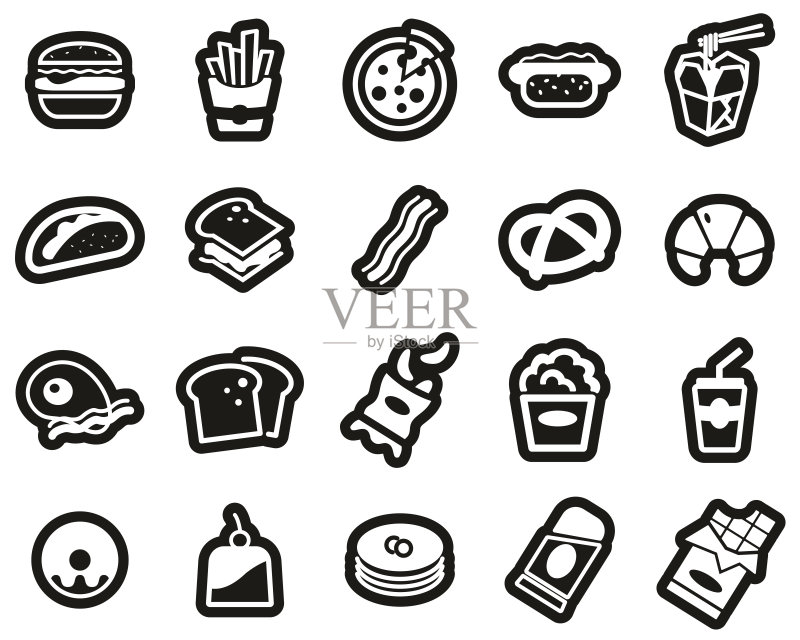 黑色背景上的白色快餐或垃圾食品图标贴纸套装图标素材