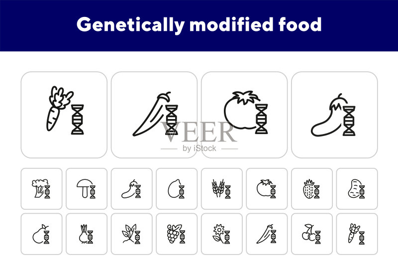转基因食品线性图标集:基因、谷物、水果图标素材