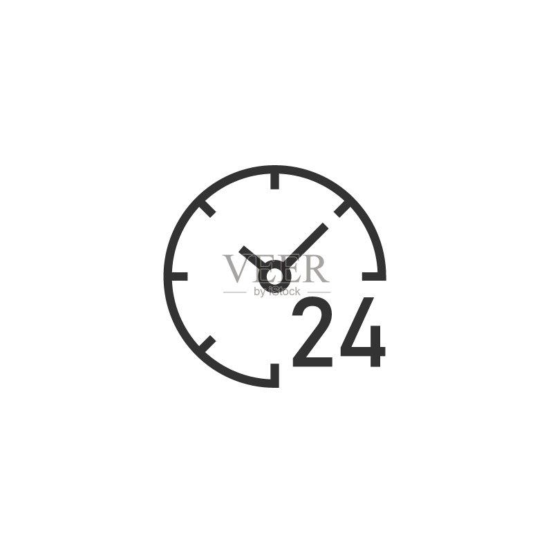 扁平风格的24/7时钟图标。白色孤立背景上的手表矢量图。定时器业务概念。图标素材