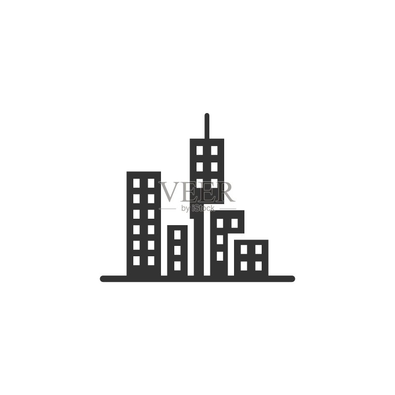 扁平风格的建筑图标:城镇摩天大楼公寓矢量图图标素材