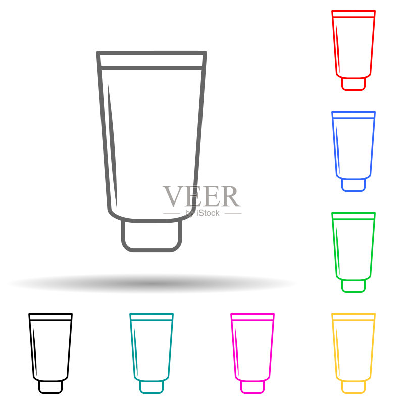多种颜色风格的乳霜管图标。用于UI和UX、网站或移动应用程序的简单细线轮廓瓶矢量图标图标素材