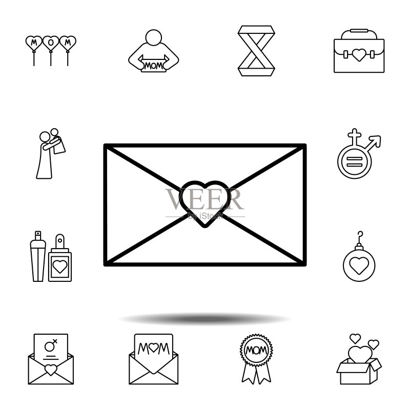 妇女节信封与心形图标:UI/UX网页或移动应用元素图标素材