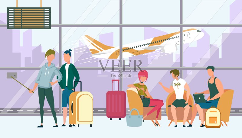 青少年旅游公司等待登机正版插画素材