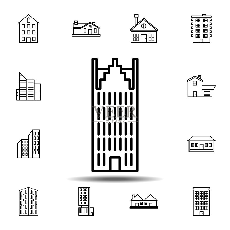 建筑轮廓图标,用于UI和UX的建筑图标集中的简单轮廓矢量元素图标素材
