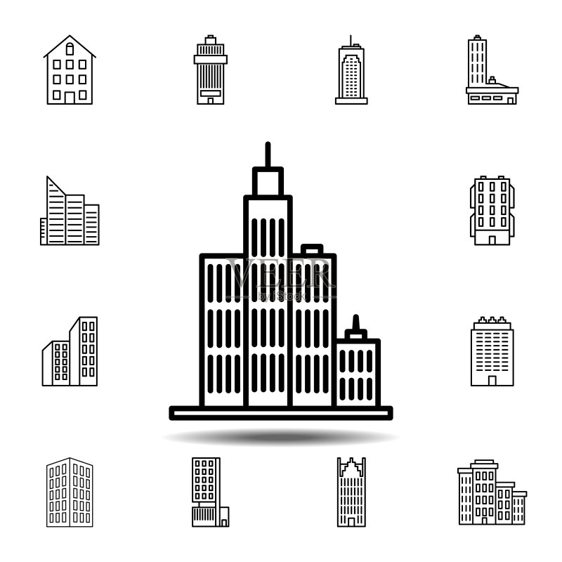 建筑轮廓图标,用于UI和UX的建筑图标集中的简单轮廓矢量元素图标素材