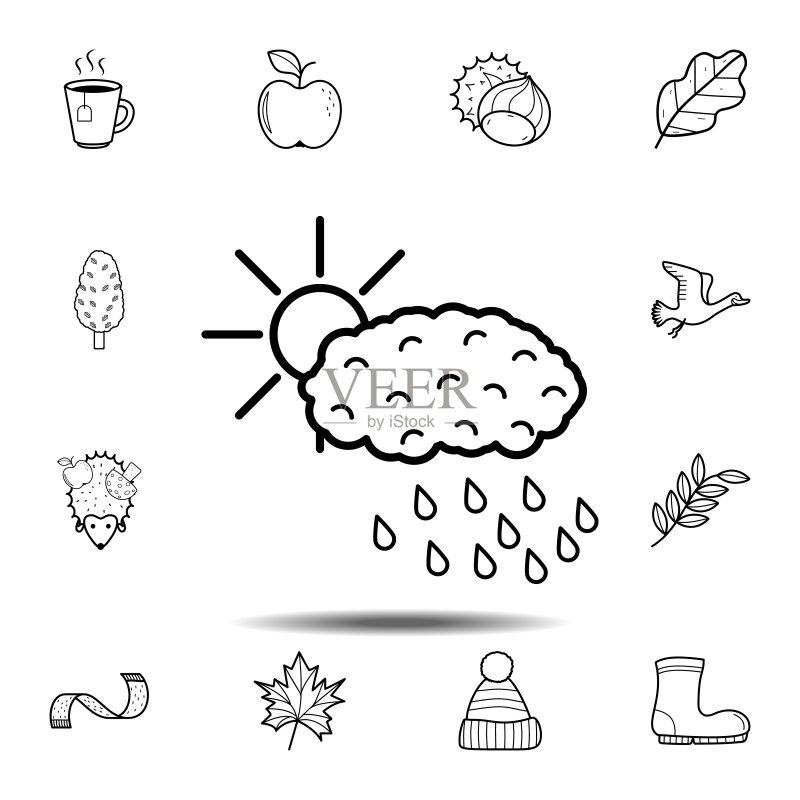 带雨图标的云上阳光,秋季图标的简约矢量元素,适用于UI和UX、网站或移动应用图标素材