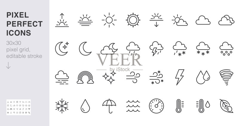 天气线性图标合集:太阳、雨、雷暴、露水、风、雪云、夜空极简矢量图,适用于网页、天气预报App的扁平轮廓标志,30x30像素完美,可编辑描边图标素材