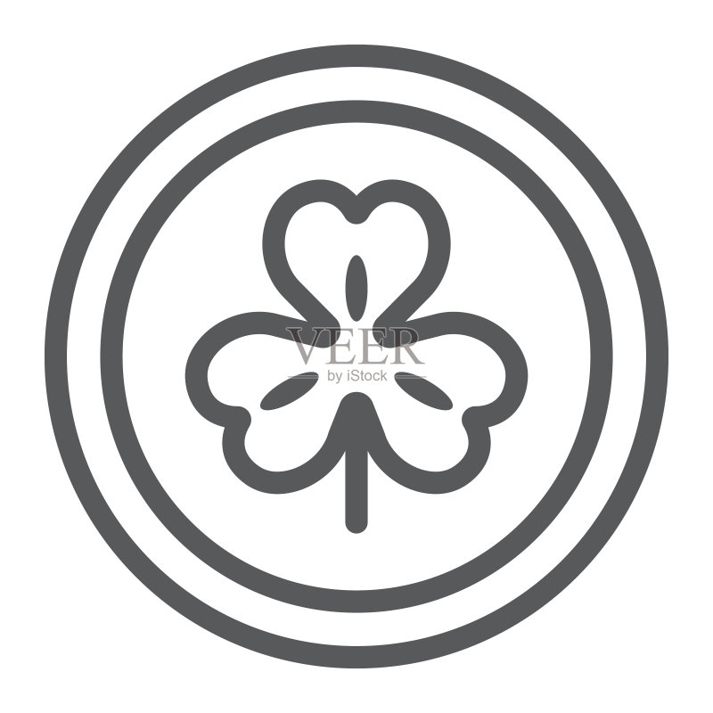带三叶草线条图标的硬币,圣帕特里克节和假日,三叶草硬币符号,矢量图形,白色背景上的线性图案,EPS 10图标素材