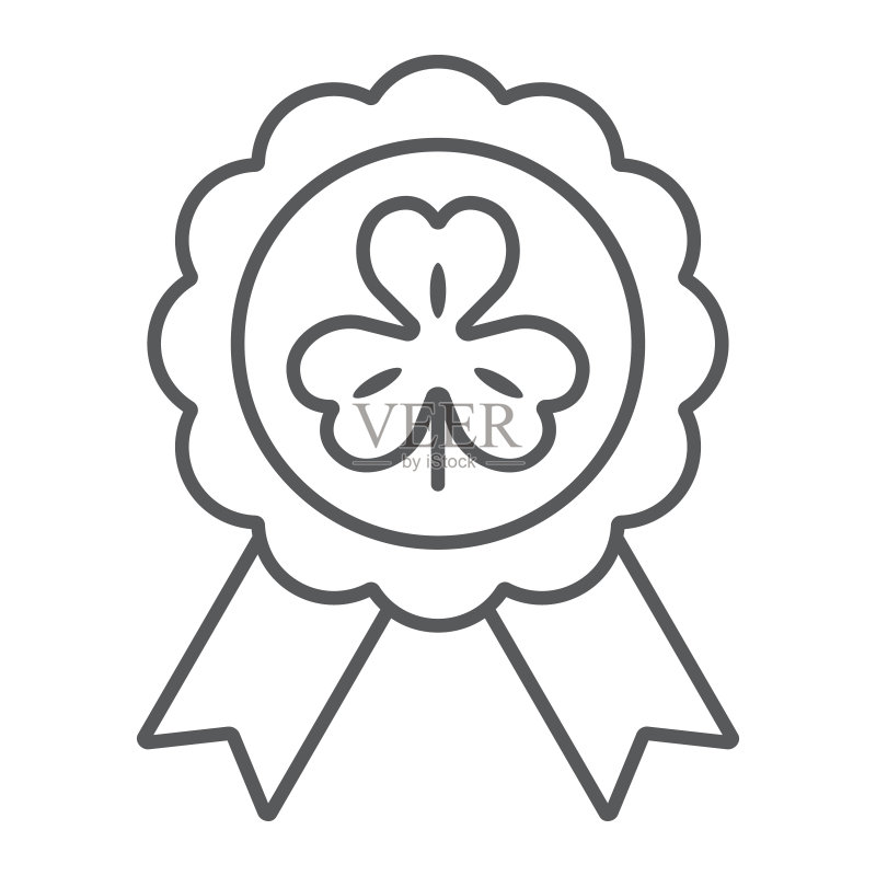 三叶草花结奖章细线图标,圣帕特里克节,幸运三叶草标志,矢量图形图标素材