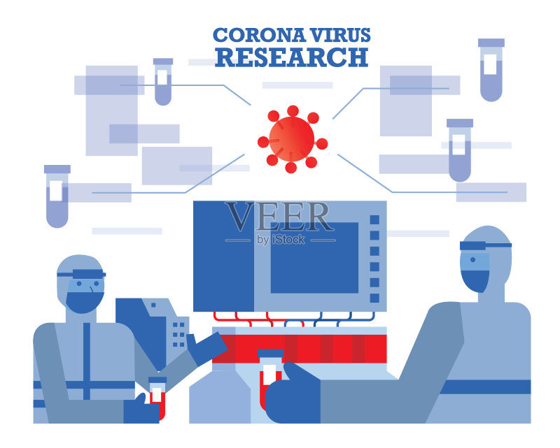 穿着防护服的医护人员在实验室研究冠状病毒并寻找冠状病毒疫苗。正版插画素材
